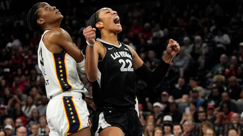 Las Vegas Aces center A'ja Wilson (22) reacts after a play agaist Indiana Fever center Temi...