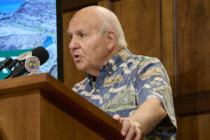 New Landfill location named, Mayor Rick Blangiardi along with others from his administration held a Press Conference at 12.30pm in the Honolulu Hale Offices to announce the location of the proposed new landfill for Oahu. The location is proposed along Kamehameha Hwy on what is now Dole Plantation land just north of Wahiawa. (David Croxford/Civil Beat/2024)