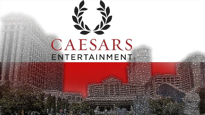 Caesars Entertainment logo above Caesars Palace hotel-casino, Las Vegas.