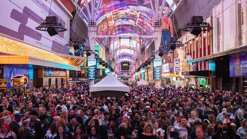 Revelers celebrate New Year's Eve on Fremont Street in downtown Las Vegas.