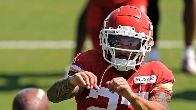 FILE - Kansas City Chiefs wide receiver Nikko Remigio catches a ball after NFL football...