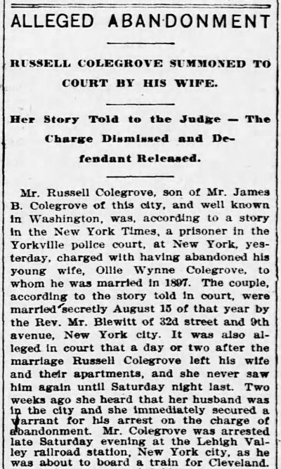 Newspaper clipping from the Evening Star with the headline "Alleged Abandonment"