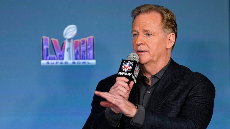 NFL football commissioner Roger Goodell speaks during a Super Bowl 58 news conference, Monday,...