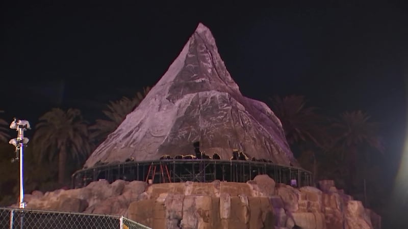 Crews still have a lot of work to do to transform the Mirage Volcano into the Paramount Mountain.