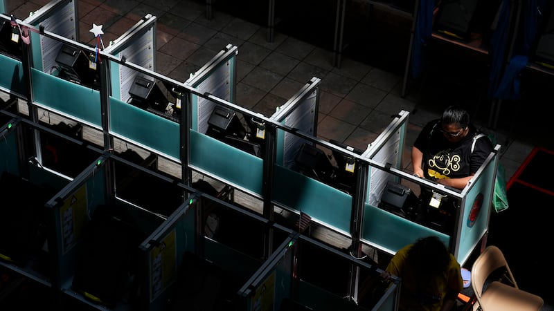 A person votes in the Nevada primary at a polling place, Tuesday, June 11, 2024, in Henderson,...