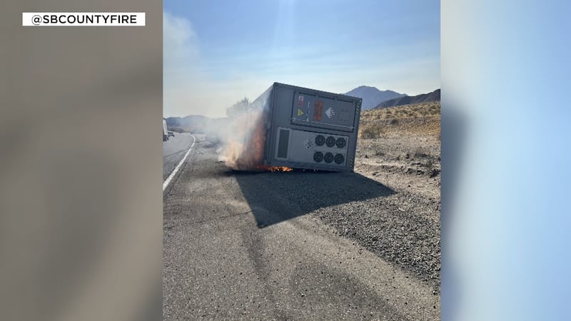 Truck carrying Lithium batteries burns all day on I-15 near Baker