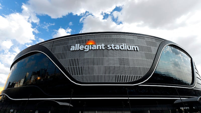 Exterior general view of Allegiant Stadium, home of the NFL Las Vegas Raiders football team,...