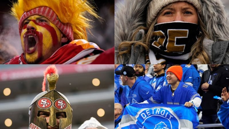 Photos of Kansas City Chiefs, Baltimore Ravens, San Francisco 49ers and Detroit Lions fans.