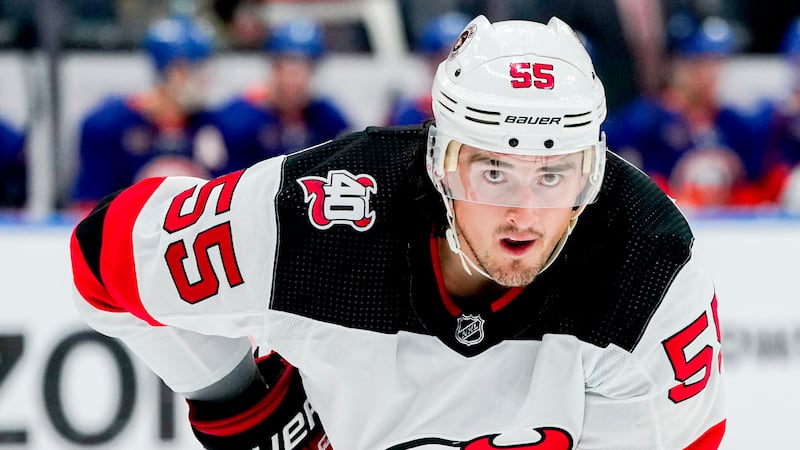 New Jersey Devils defenseman Mason Geertsen during a preseason NHL hockey game against the New...