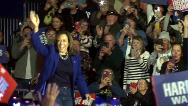 Vice President Kamala Harris enters the stage at her rally inside the Reno Convention Center