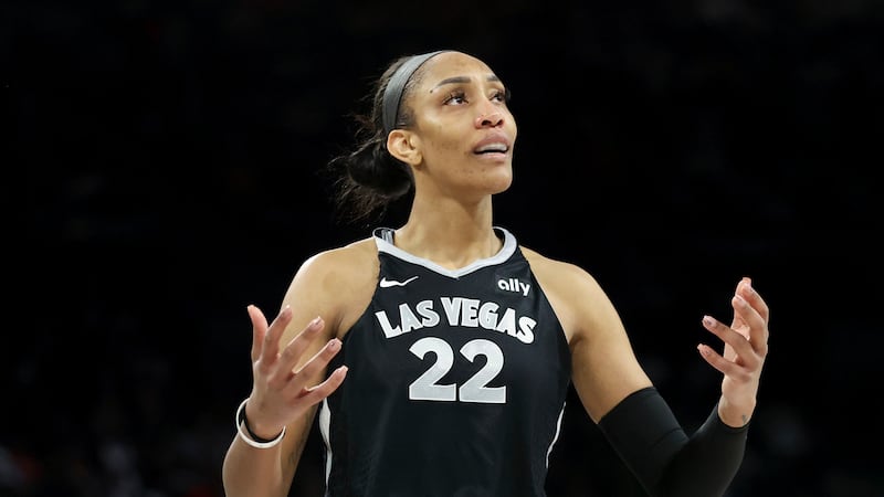 Las Vegas Aces center A'ja Wilson reacts after her team is called for a foul during the second...