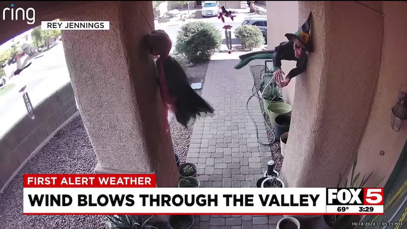 A gust end to the work week shows one FOX5 viewer's Halloween decorations barely hanging on.