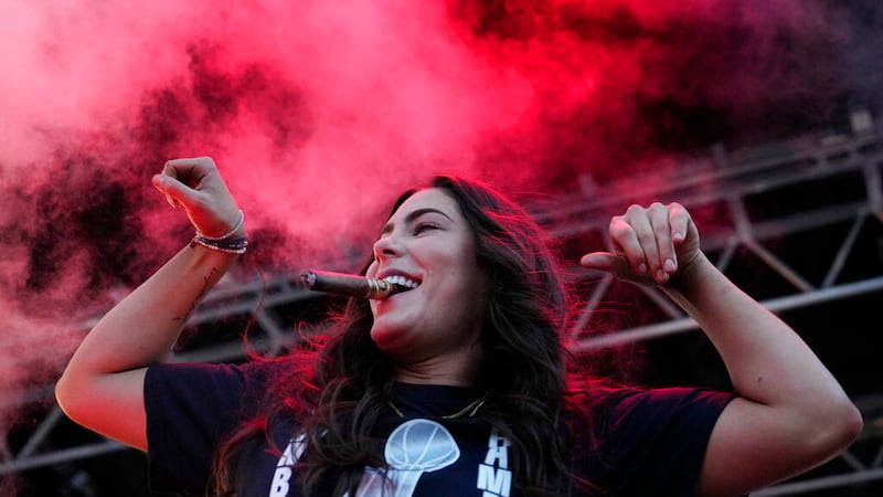 Las Vegas Aces guard Kelsey Plum (10) celebrates during a rally for the Las Vegas Aces'...