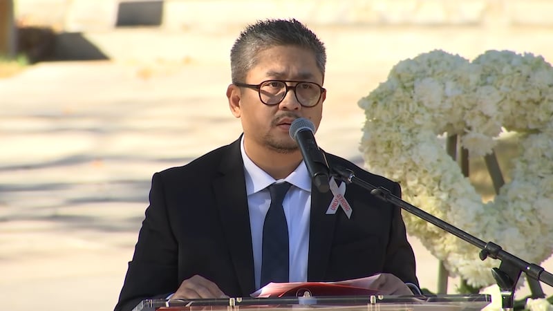 Professor Daraboth “Bot” Rith speaks during the UNLV Dec. 6 remembrance ceremony on Friday,...