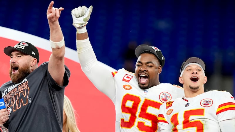 Kansas City Chiefs players celebrate after an AFC Championship NFL football game against the...