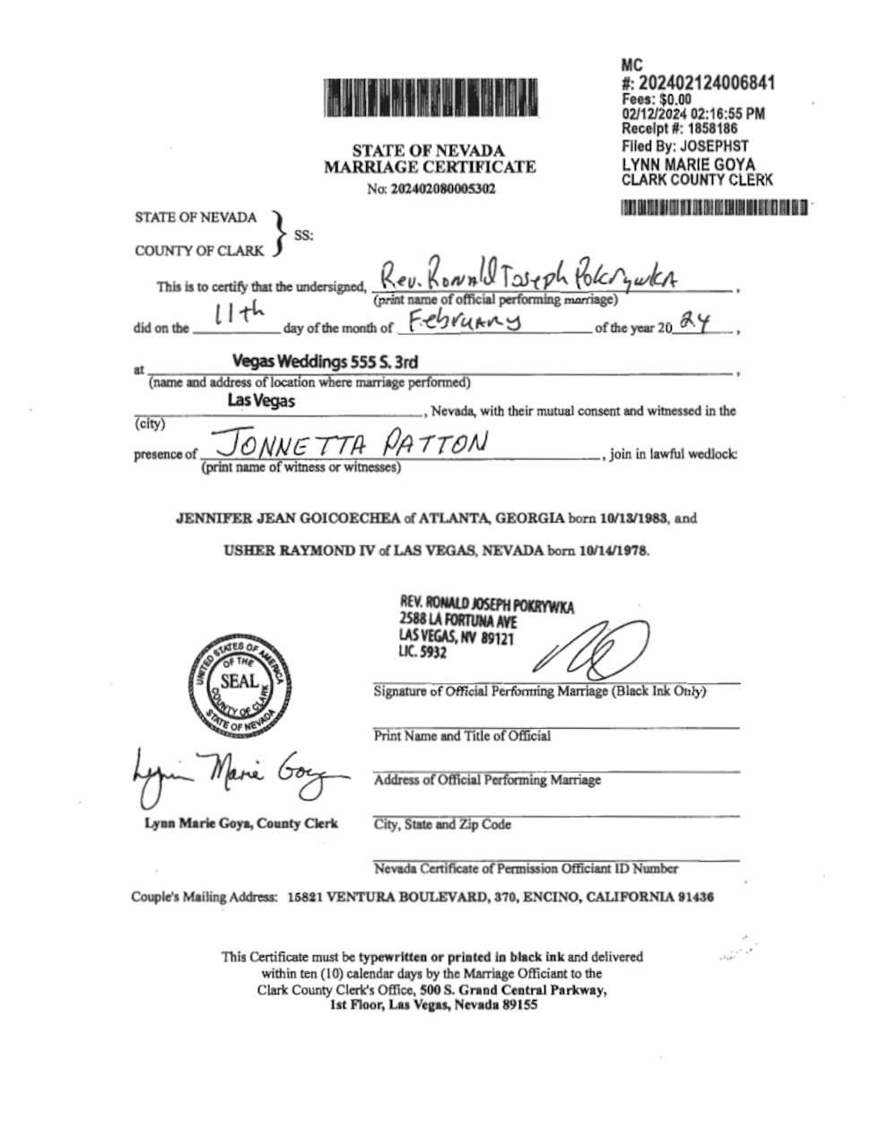 Marriage certificate shows that Usher married his longtime girlfriend on Super Bowl Sunday.