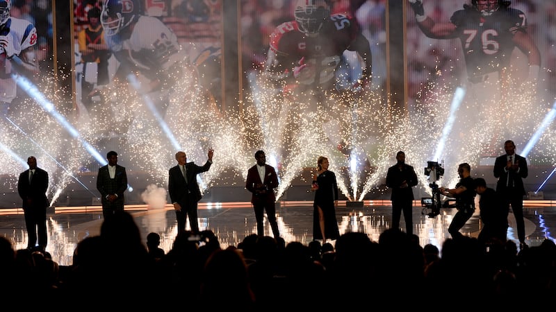 NFL Hall of Fame Class of 2024 arrives on stage during the NFL Honors award show ahead of the...