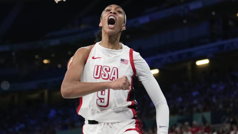 Former Gamecock A'ja Wilson celebrates after scoring for the United States against Japan in...